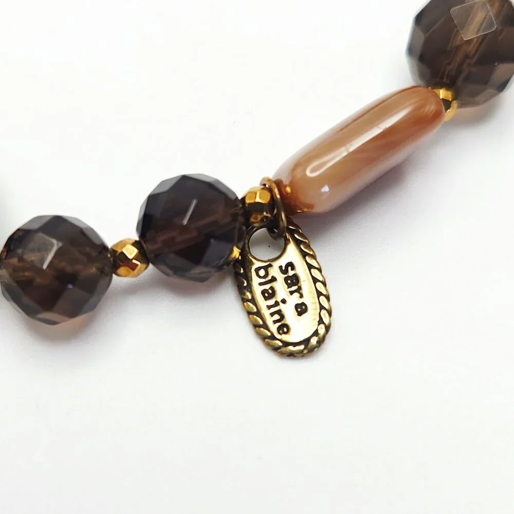 Sara Blaine eSBe Cream Brown Agate Smokey Quartz Cream Stretch Beaded Bracelet